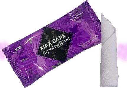 Max Care LAVENDER Refreshing Towel, Premium Quality. Ideal for Gym, Salon, and Cooling – Disposable Towels – Rejuvenating Wet Towels for Makeup Removal. Pack of 25 Pcs